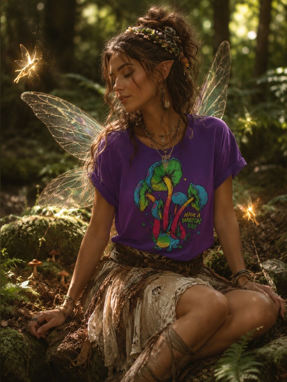 #76 Purple Graphic Tee with Neon Mushroom Design - "Have a Magical Day"